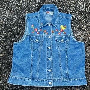 Embroidered Denim Vest with Floral Design
